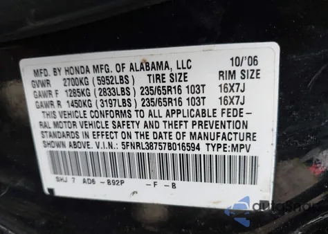 2007 Honda Odyssey Ex-L z USA, uszkodzony, nr VIN 5FNRL38757B016594